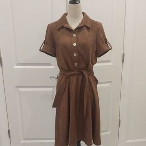 Tommy Hilfiger Faux Suede Brown Midi Dress with Belt